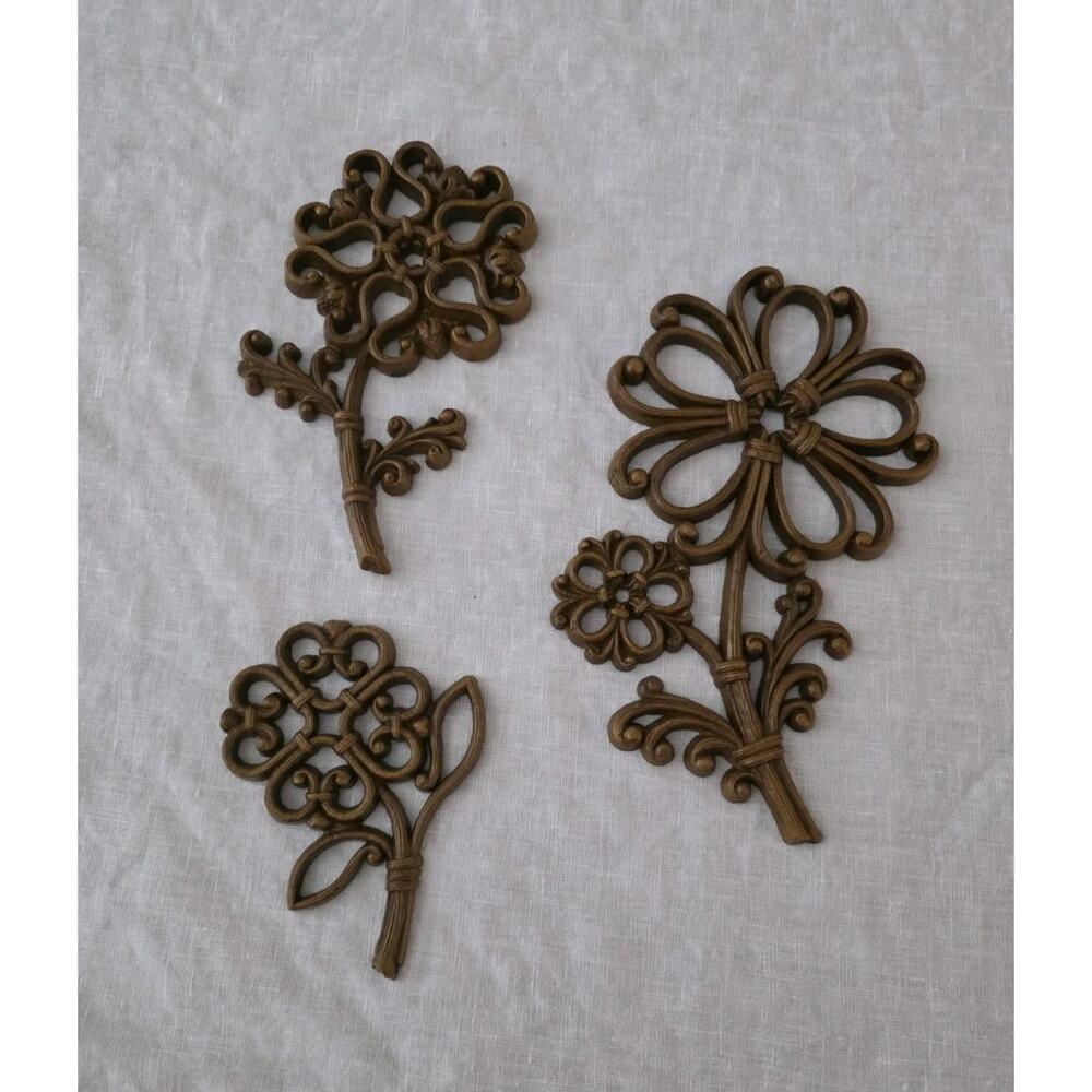 VTG Homco 3 Faux Wicker Rattan Wood Grain Flowers 1978 Wall Hanging Decor 7560
